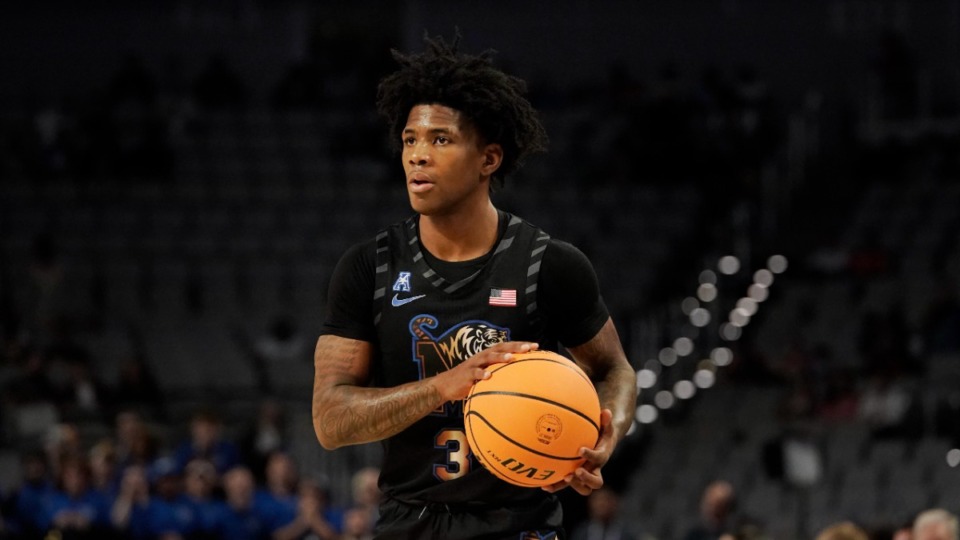 <strong>Memphis guard Kendric Davis during the first half in the finals against Houston of the American Athletic Conference Tournament Sunday, March 12, 2023, in in Fort Worth, Texas.</strong> (AP Photo/LM Otero)