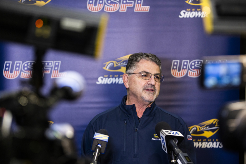 <strong>Memphis Showboats general manager Dave Razzano speaks during a press conference at the Pipkin Building by the Liberty Stadium March 14.</strong> (Brad Vest/Special to The Daily Memphian)