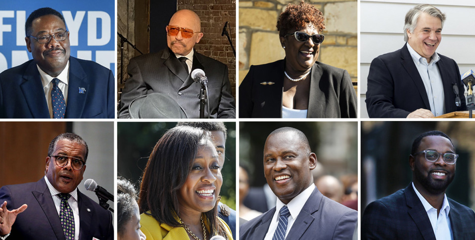 <strong>Memphis mayoral candidates as of February 6, 2023. Top row: (left to right) Floyd Bonner Jr., Joe Brown, Karen Camper, Frank Colvett. Bottom row: (left to right) J.W. Gibson, Michelle McKissack, Van Turner Jr., Paul Young.</strong>