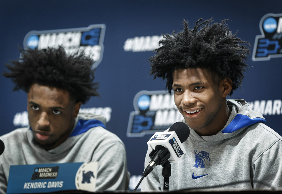 <strong>Memphis Tigers teammates DeAndre Williams (left) and Kendric Davis (right) speak during media availability at the NCAA tournament on Thursday, March 16, 2023 in Columbus, Ohio.</strong> (Mark Weber/The Daily Memphian)