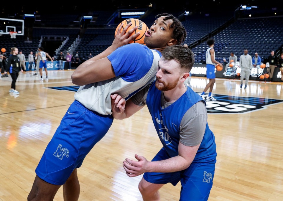 <strong>Memphis Tigers teammates Chandler Lawson (left) and Conor Glennon (right) at practice during media availability at the NCAA tournament on Thursday, March 16, 2023 in Columbus, Ohio.</strong> (Mark Weber/The Daily Memphian)