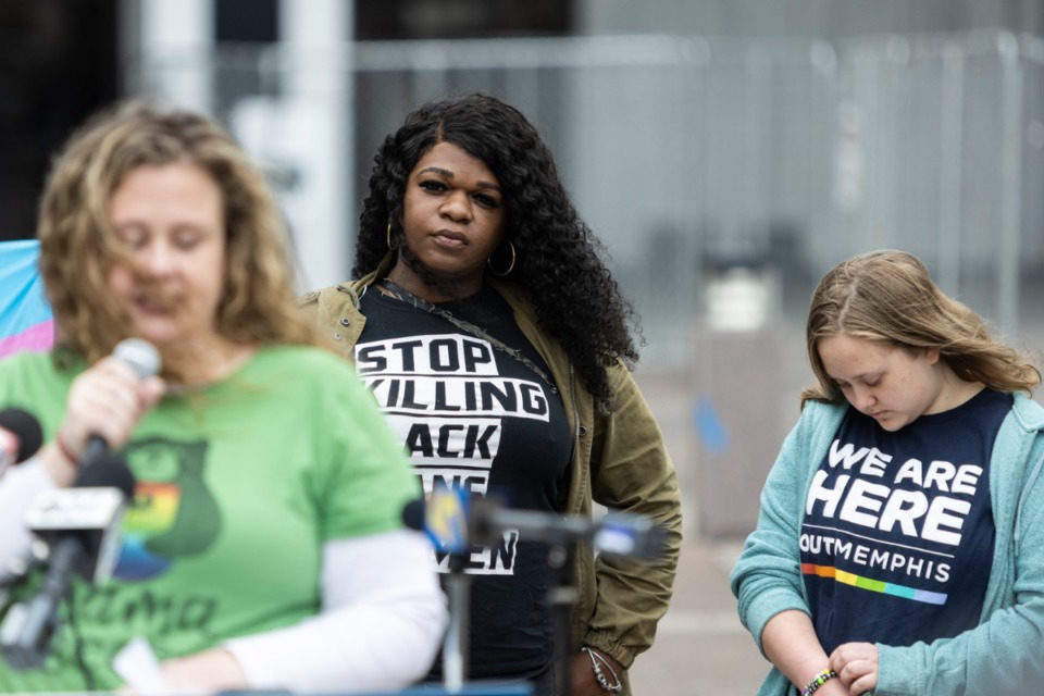 <strong>Kayla Gore, co-founder of My Sistah&rsquo;s House Memphis, center, during a rally for trans youth autonomy hosted by OUTMemphis and the Human Rights campaign at the Civic Center Plaza on Main Street.</strong> (Brad Vest/Special to The Daily Memphian)