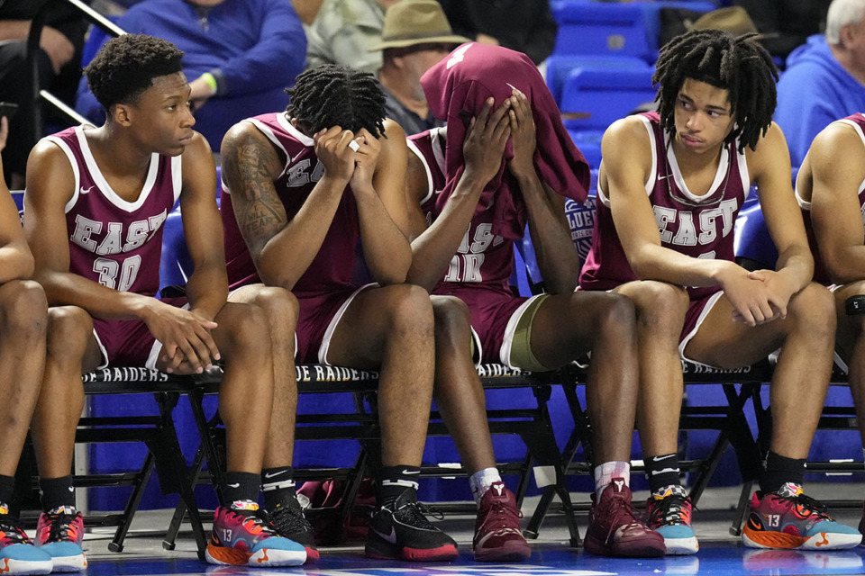<strong>Memphis East players sit on the bench during the final moments of their loss to Independence High School during a Class 4A game in the TSSAA boys&rsquo; state basketball tournament Friday, March 17, 2023, in Murfreesboro, Tenn.</strong> (Mark Humphrey/Special to The Daily Memphian)
