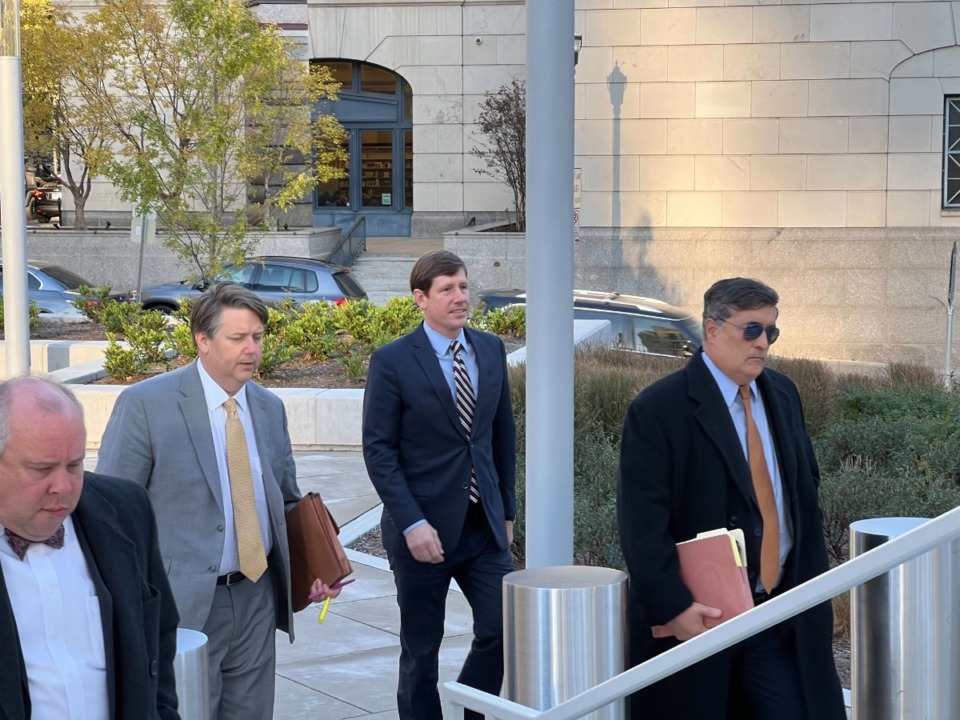 <strong>On Nov. 22, 2022, former Tennessee State Sen. Brian Kelsey (third from left) pleaded guilty to campaign fraud charges at the Fred D. Thompson U.S. Courthouse and Federal Building in Nashville.</strong>&nbsp;(Ian Round/The Daily Memphian)