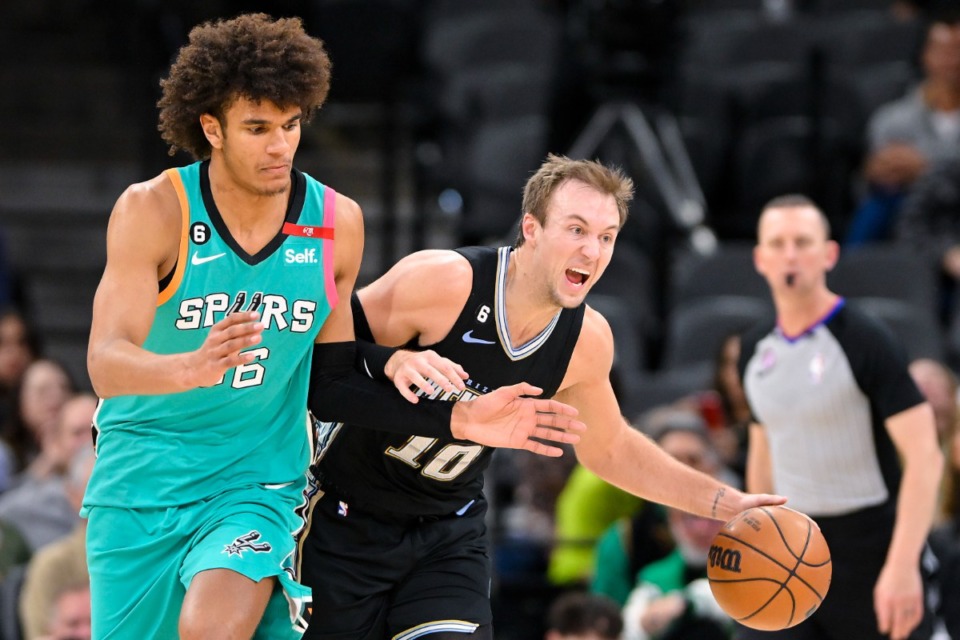 <strong>Memphis Grizzlies' Luke Kennard, right, drives around San Antonio Spurs' Dominick Barlow on Friday, March 17, 2023, in San Antonio.</strong> (Darren Abate/AP)