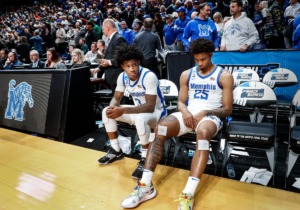 <strong>Dejected University of Memphis teammates Kendric Davis (left) and Jayden Hardaway (right) sit on the bench after losing to Florida Atlantic University in the NCAA Tournament game on Friday, March 17, 2023, in Columbus, Ohio.</strong> (Mark Weber/The Daily Memphian)