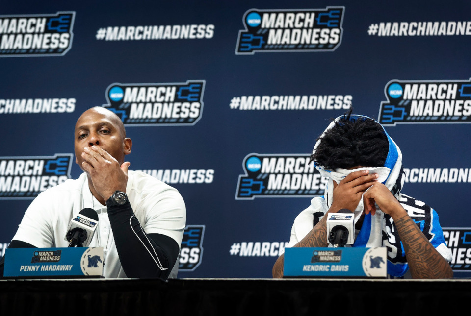<strong>Dejected University of Memphis head coach Penny Hardaway (left) and guard Kendric Davis speak to the media after falling to Florida Atlantic University in their NCAA tournament game on Friday, March 17, 2023, in Columbus, Ohio.</strong> (Mark Weber/The Daily Memphian)