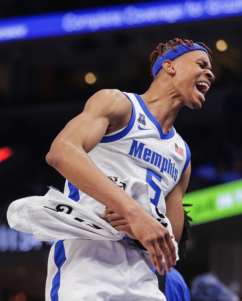 <strong>Memphis forward Kao Akobundu-Ehiogu&nbsp;will pursue a professional basketball career and will not return to play for Memphis. Here he celebrates a three pointer during a Feb. 16, 2023 game against UCF.</strong> (Patrick Lantrip/The Daily Memphian file)