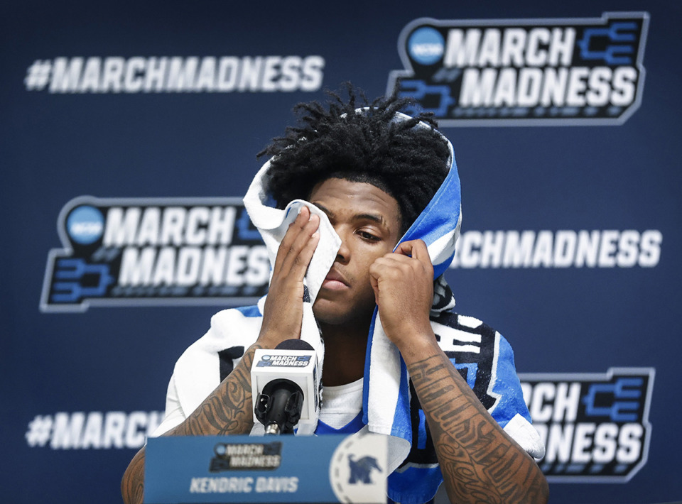 <strong>A dejected University of Memphis guard Kendric Davis speaks to the media after falling to Florida Atlantic University in their NCAA tournament game March 17 in Columbus, Ohio.</strong> (Mark Weber/The Daily Memphian)