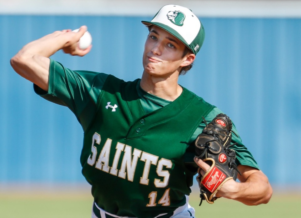 <strong>Briarcrest pitcher Jack Gleason makes a throw to home plate during action against CBHS on Monday, May 9, 2022.</strong> (Mark Weber/The Daily Memphian file)
