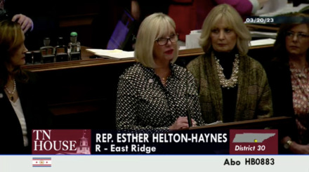 <strong>State Rep. Esther Helton-Haynes (R-East Ridge) presents the abortion bill on the Tennessee House of Representatives floor on Monday, March 20. While she supported the original version, which offered more specific health-related exceptions, she said she supported the final version because it removed the affirmative defense provision of the “trigger law.”</strong> (Screenshot)