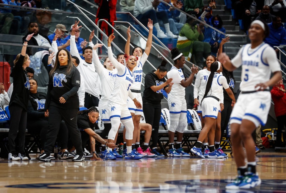 <strong>University of Memphis Tigers celebrate ia win over Ball State in the WNIT on Monday, March 20, 2023.</strong> (Mark Weber/The Daily Memphian)