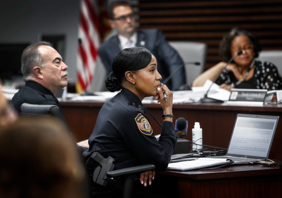 <strong>Memphis Police Chief Cerelyn &ldquo;CJ&rdquo; Davis (middle) attends a city council committee session on Tuesday, Feb. 21, 2023. &ldquo;No one has, you know, that just right answer or the &lsquo;secret sauce&rsquo; to how to deal with this new age of auto thefts with this new technology,&rdquo; Davis said.</strong>&nbsp;(Mark Weber/The Daily Memphian file)