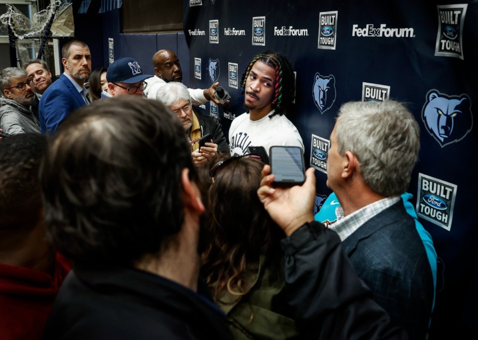 <strong>Memphis Grizzlies guard Ja Morant speaks to the media after practice on Tuesday, March 21, 2023.</strong> (Mark Weber/The Daily Memphian)