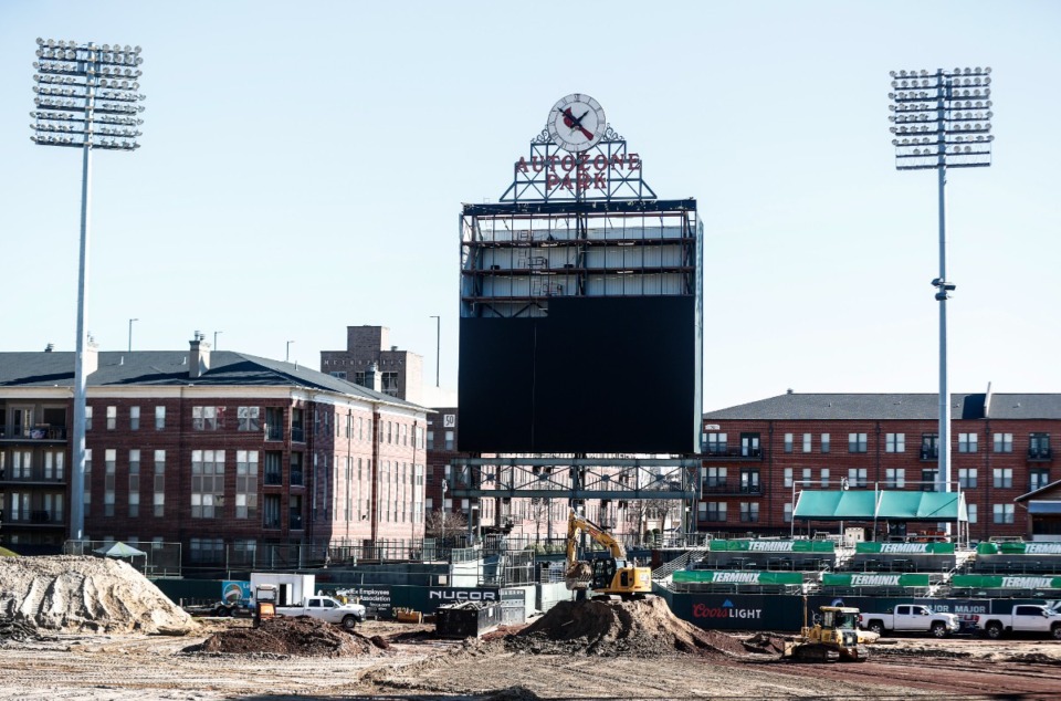 <strong>Construction continues at AutoZone Park&rsquo;s field and the installation of a new scoreboard on Dec. 15, 2022.</strong> (Mark Weber/The Daily Memphian)