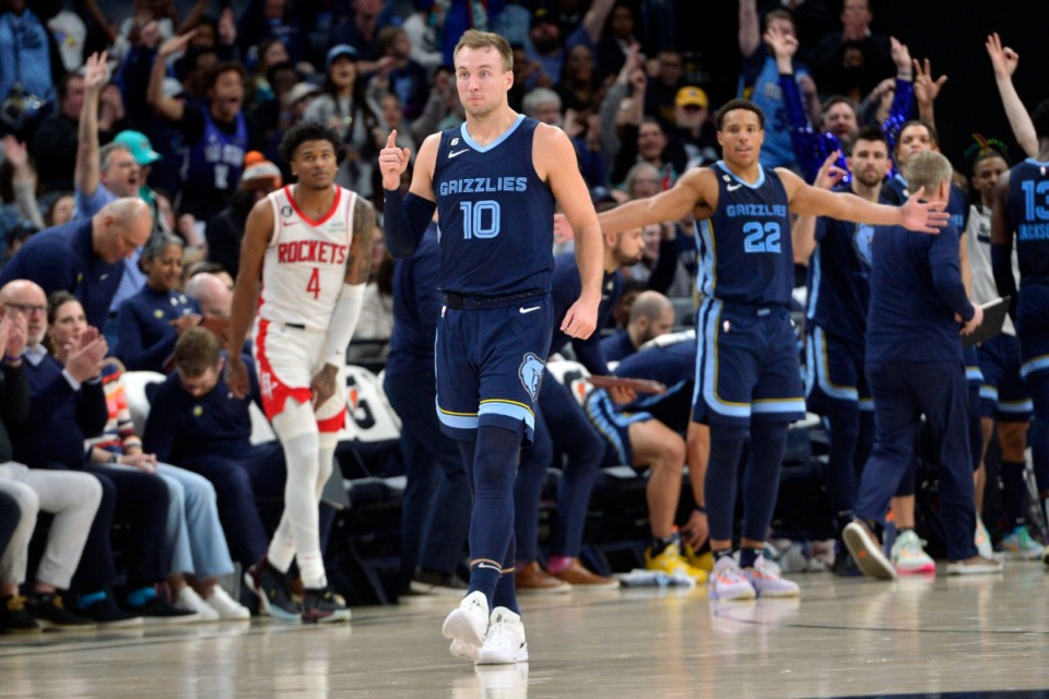 <strong>Memphis Grizzlies guard Luke Kennard (10) reacts after scoring against the Houston Rockets on March 22, 2023.</strong> (Brandon Dill/AP)