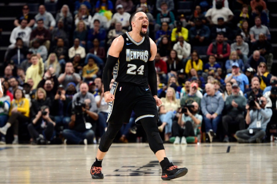 <strong>Memphis Grizzlies forward Dillon Brooks (24) reacts in the first half of an NBA basketball game against the Golden State Warriors Thursday, March 9, 2023, in Memphis, Tenn.</strong> (AP Photo/Brandon Dill)