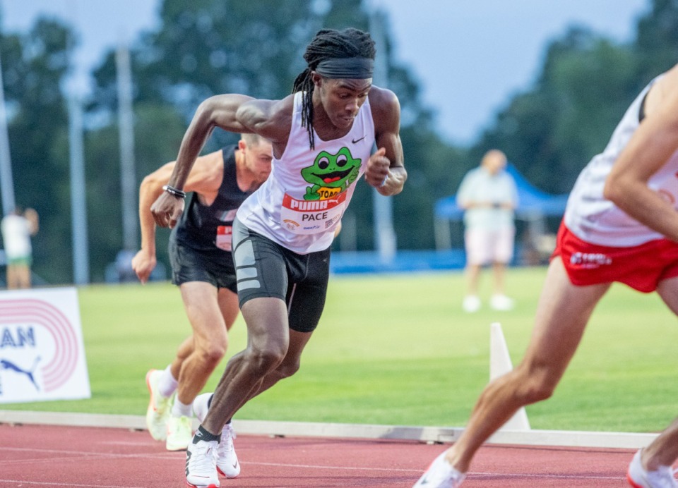 <strong>Former Whitehaven High School runner, Terrick Johnson, sets the pace for the Pro Men's 800m at the Ed Murphey Classic at the University of Memphis South Campus, Friday, July 29, 2022.&nbsp;</strong>(Greg Campbell/Special to The Daily Memphian file)