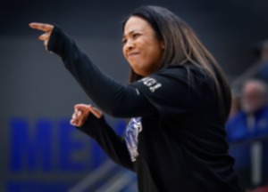 <strong>University of Memphis womens basketball head coach Katrina Merriweather during action against Ball State in their WNIT game on Monday, March 20. The Tigers fell to Bowling Green on March 23.</strong> (Mark Weber/The Daily Memphian file)