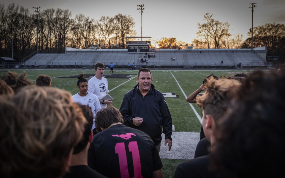 <strong>Houston High soccer coach David Wolff speaks to his team before they try to bring home his 800th career win March 23, 2023.</strong> (Patrick Lantrip/The Daily Memphian)