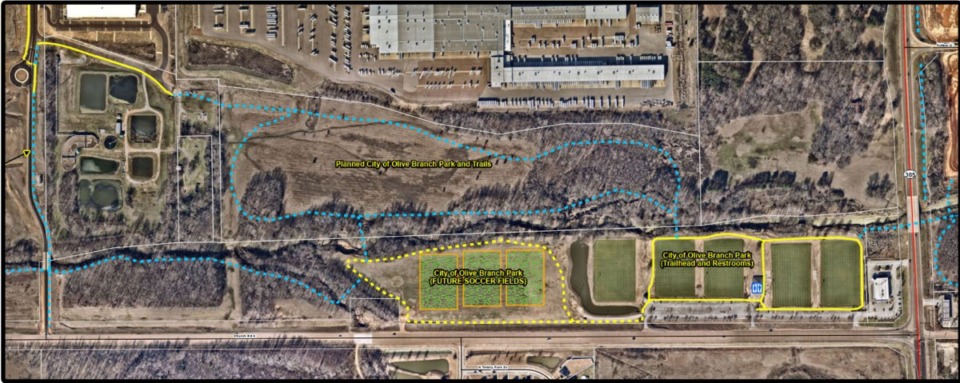 <strong>Olive Branch will use a $900,000 grant to construct a multi-use, mile-long trail at George M. Harrison Park, best known for its soccer fields. The solid yellow line in the graphic depicts existing trails while the dashed yellow line shows where the new trail will be constructed. The dashed blue line shows plans for future trails that have not yet been funded. </strong>(Submitted)