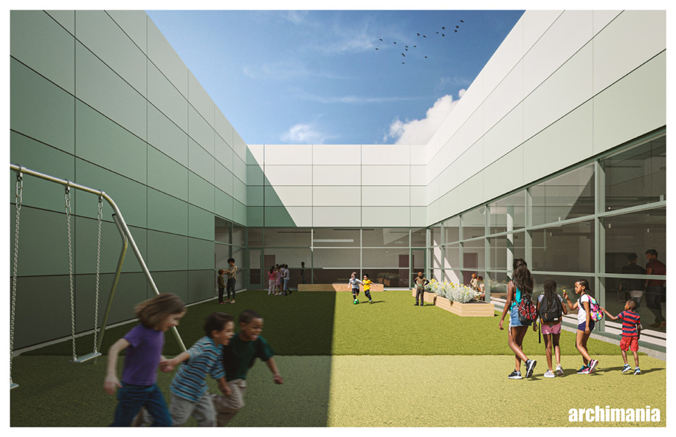 <strong>A rendering of what the playground at the new Memphis Merit Academy campu. Founder Lakenna Booker said it is purposely placed in the center of the building to keep students safe given issues with crime in the surrounding area.</strong> (Courtesy Lakenna Booker)