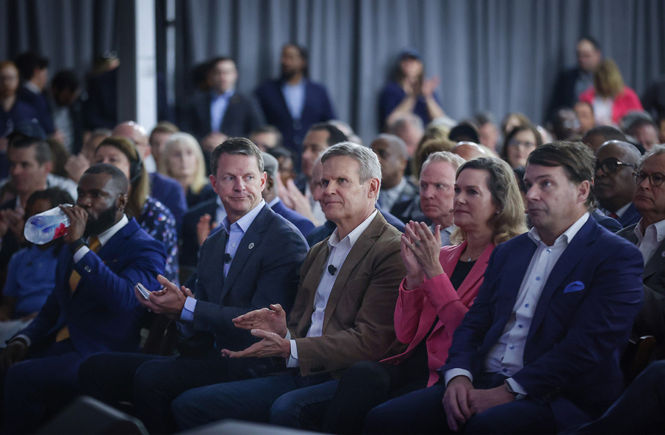<strong>Tennessee Governor Bill Lee listens to the speakers at BlueOval City Live, an event showcasing Ford's progress at their factory March 24, 2023.</strong> (Patrick Lantrip/The Daily Memphian)