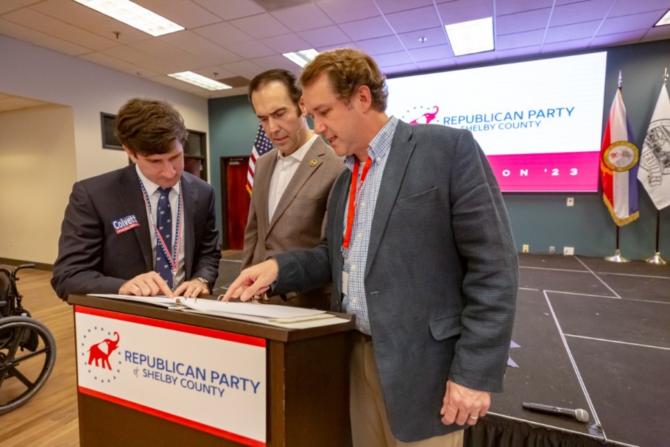 <strong>Chris Tutor (left), re-elected chairman Cary Vaughn (center), and Justin Joy look over documents during Shelby County Republican Party 2023 Caucus at YMCA on Saturday, March 25, 2023.</strong> (Ziggy Mack/Special to The Daily Memphian)