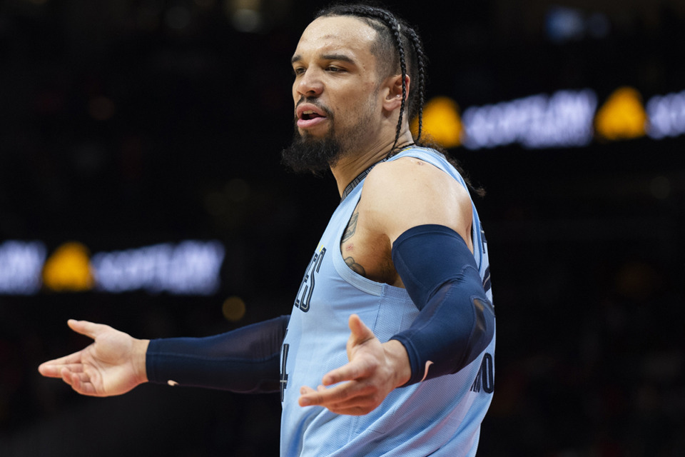 <strong>Memphis Grizzlies forward Dillon Brooks reacts after a non-foul call during the first half of an NBA basketball game against the Atlanta Hawks March 26 in Atlanta.</strong> (Hakim Wright Sr./AP Photo)