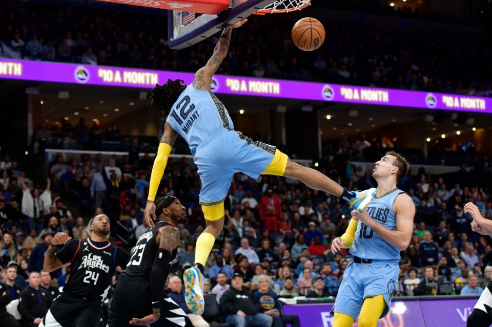 <strong>Memphis Grizzlies guard Ja Morant (12) dunks against the Los Angeles Clippers on Wednesday, March 29, 2023.</strong> (Brandon Dill/AP)