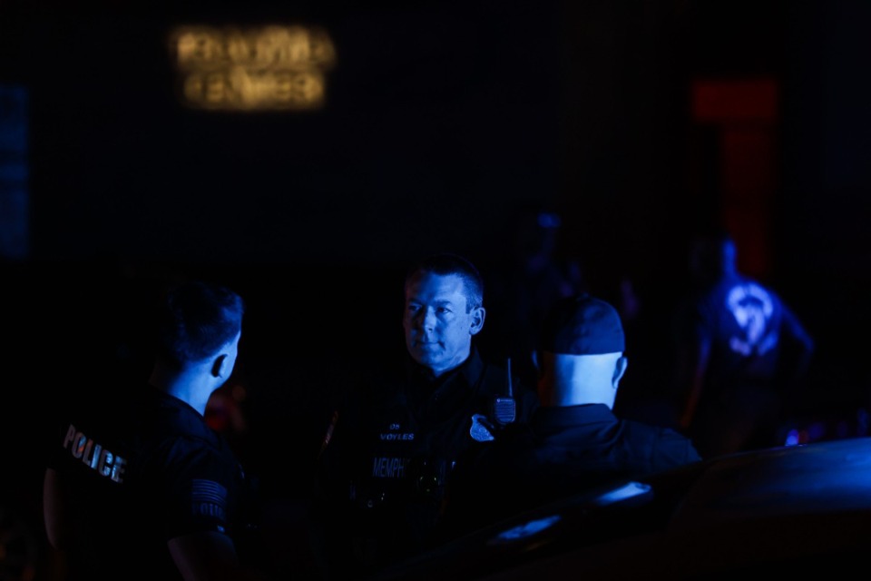 <strong>Dozens of Memphis Police officers gather outside Regional One Thursday night after two of their fellow officers were shot in Whitehaven on March 30, 2023.</strong>&nbsp;(Patrick Lantrip/The Daily Memphian)