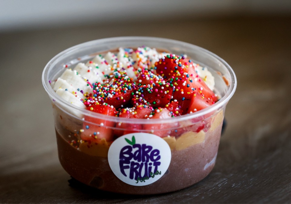 <strong>Bare Fruit&rsquo;s Bear Cub bowl, featuring a mixture of Cocoa, Peanut Butter, Bananas, Strawberries and Sprinkles on Wednesday, March 29, 2023.</strong> (Mark Weber/The Daily Memphian)