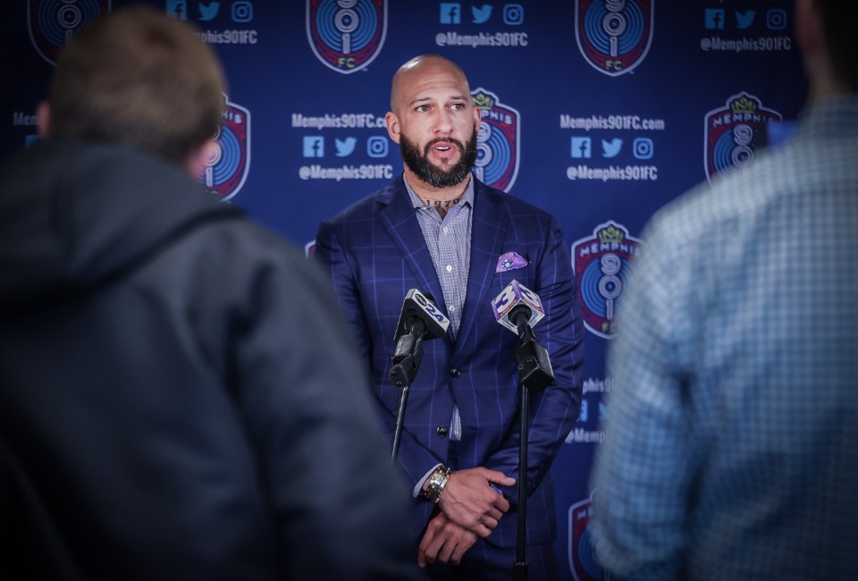 <strong>Tim Howard speaks a press conference announcing the signing of Bill Hamid with Memphis 901 FC March 21, 2023.</strong> (Patrick Lantrip/The Daily Memphian)