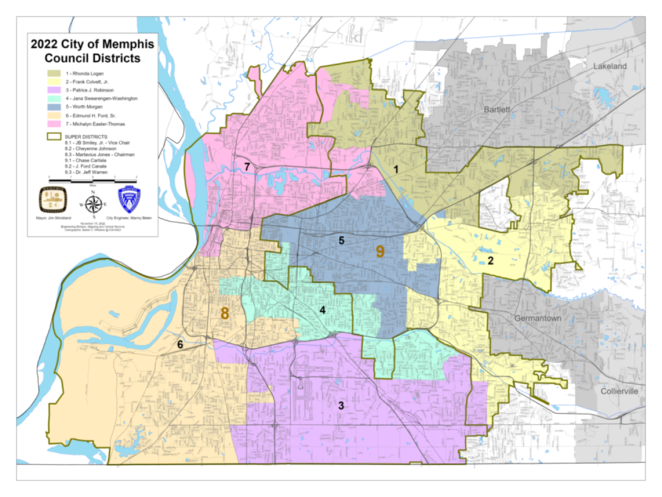 <strong>This is the current set of district lines for the Memphis City Council.</strong> (source: Memphis City Council)