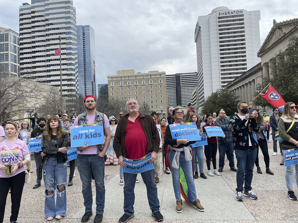 <strong>Advocates gather for a rally at the state capitol complex in Nashville to oppose a series of bills that target the LGBTQ community on Tuesday, Feb. 14, 2023.</strong>&nbsp;(Jonathan Mattise/AP file)