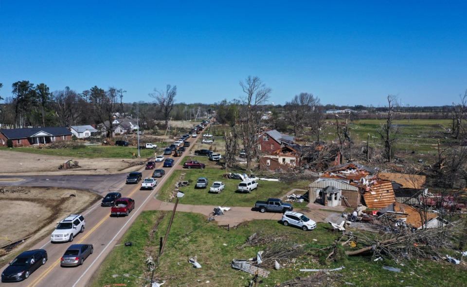 <strong>Traffic is backed up along one of the main thoroughfares in Covington, TN April 1, 2023, as the community begins to rebuild itself after a tornado ripped through the small West Tennessee town the night before.</strong> (Patrick Lantrip/The Daily Memphian)