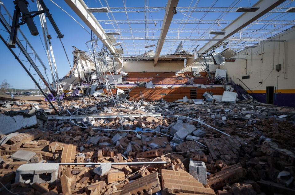 <strong>The gym of Covington&rsquo;s Crestview Elementary School, where students usually gather to ride out storms, was his particularly hard by a tornado Friday night, March 31.</strong> (Patrick Lantrip/The Daily Memphian)