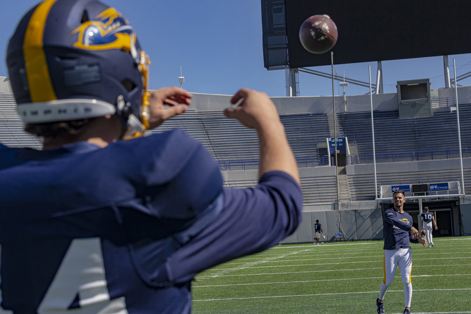 <strong>Memphis Showboats quarterback Brady White practices during a Showboats scrimmage at Simmons Bank Liberty Stadium on Saturday, April 1.</strong> (Ziggy Mack/Special to The Daily Memphian)