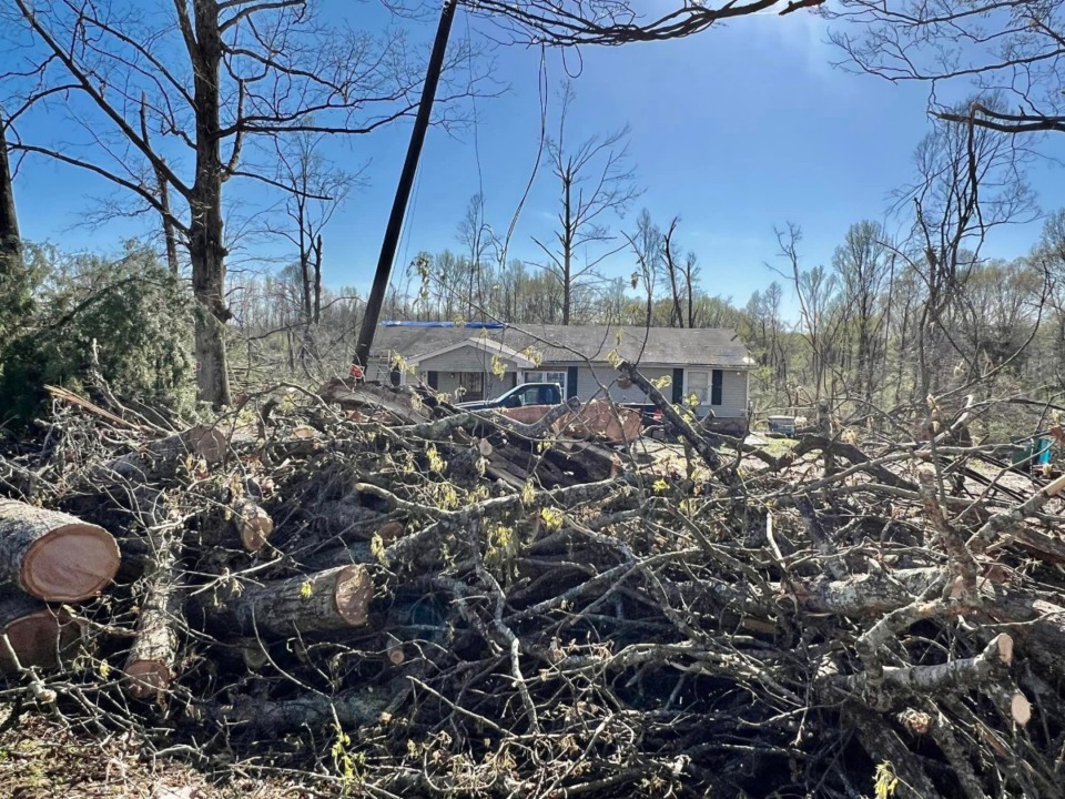 <strong>Downed trees surround a house in DeSoto County in the aftermath of a severe storm on Friday, March 31. Approximately 10 or 11 houses were rendered uninhabitable in DeSoto County as the result of the storm, according to local officials.</strong> (Courtesy DeSoto County Government Facebook page)