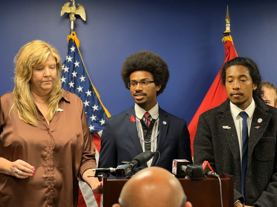 <strong>State Rep. Justin Pearson (D-Memphis). who was sworn in March 27, speaks at a press conference Monday, April 3, 2023.</strong> (Ian Round/The Daily Memphian)