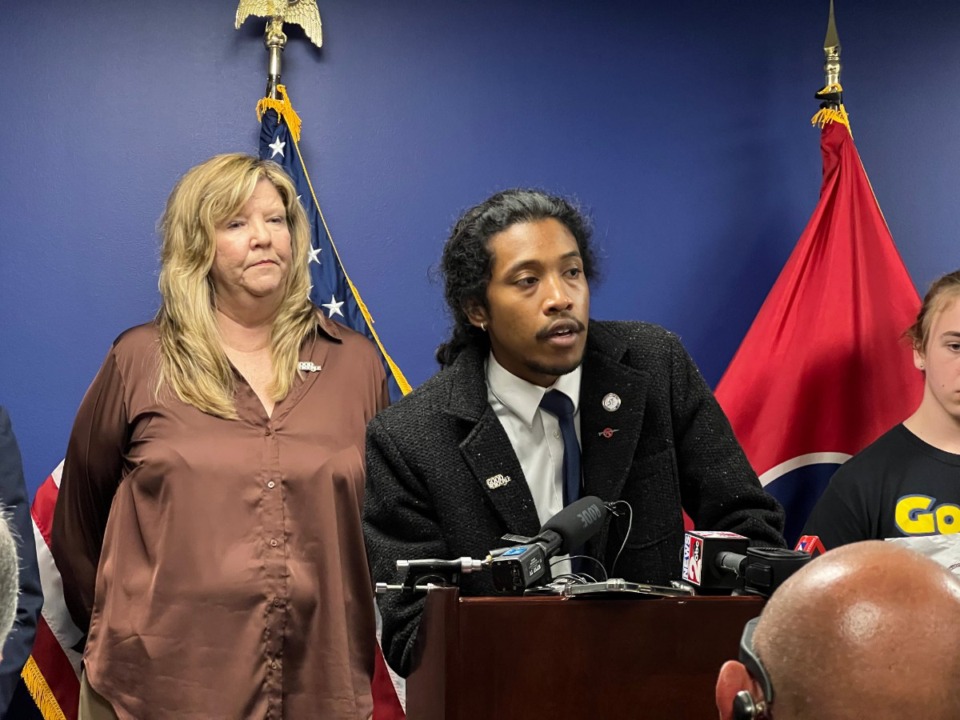 <strong>State Rep. Justin Jones (D-Nashville) speaks at a press conference on Monday, April 3, 2023.</strong> (Ian Round/The Daily Memphian)