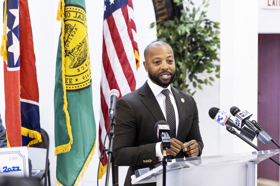 <strong>Mickell Lowery, Chairman of the Shelby County Board of Commissioners, speaks during the announcement of Shelby County's funding of Beale Street Baptist Church&rsquo;s $150,000 renovation.</strong> (Brad Vest/Special to The Daily Memphian)