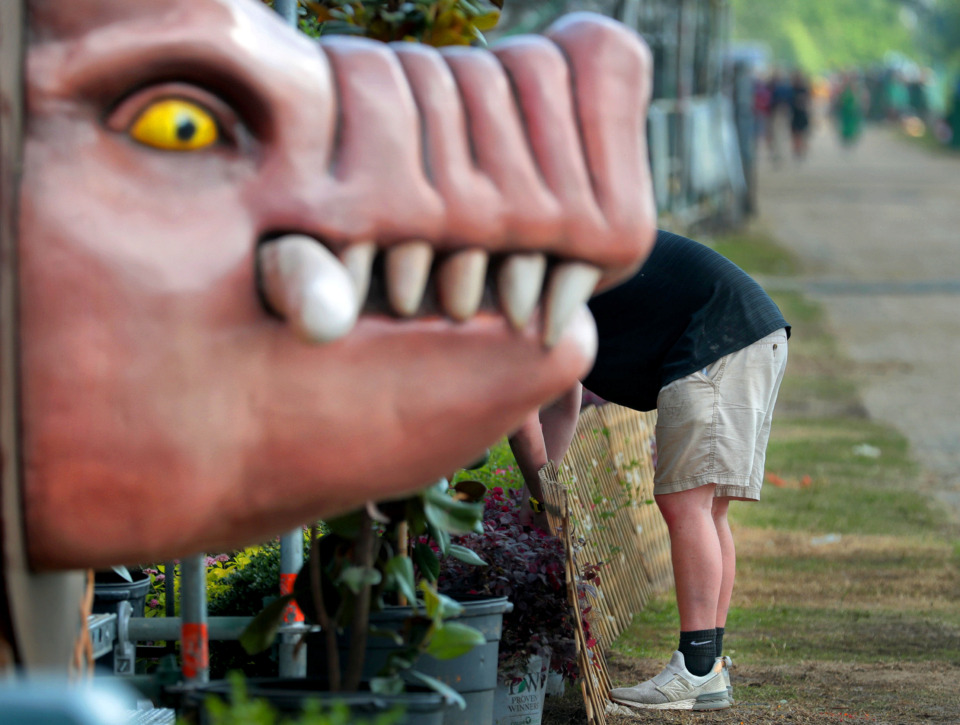 <strong>A prop at the Porkosaurus booth menaces Cole Wendt with the Smoke Masters team as he works on landscaping around his team's booth during the first day of the 2019 Memphis in May World Championship Barbecue Cooking Contest at Tom Lee Park on May 15, 2019.</strong> (Jim Weber/Daily Memphian)