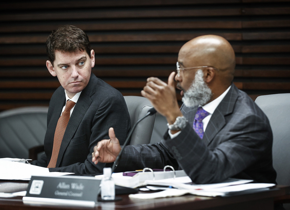 <strong>Memphis City Council members Worth Morgan (left) and Martavius Jones (right) attend a committee session on crime statics and receive an update on the Tyre Nichols investigation from the Memphis Police Department Feb. 21.</strong> (Mark Weber/The Daily Memphian file)