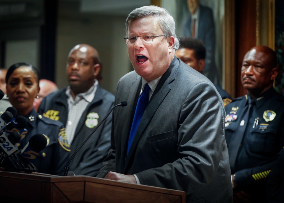 <strong>Memphis Mayor Jim Strickland angrily slams the podium during a midnight press conference on Thursday, Sept. 8, 2022, after a shooting spree.&nbsp;Strickland said the current system is &ldquo;broken&rdquo; and represents a &ldquo;revolving door&rdquo; for criminals.</strong> (Mark Weber/The Daily Memphian file)