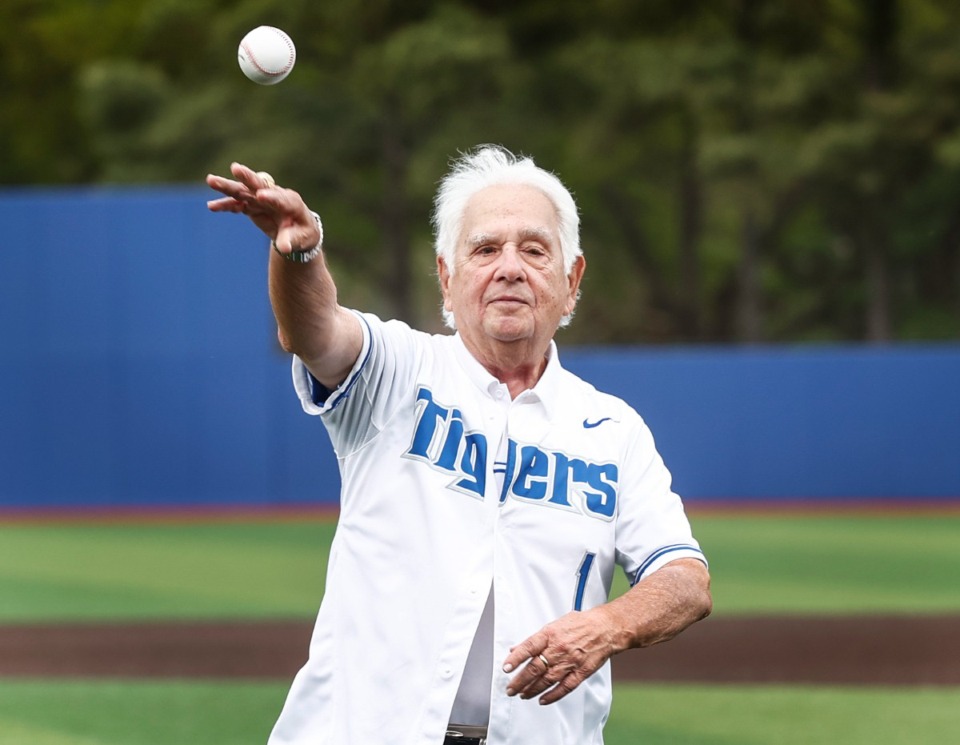 <strong>Avron Fogelman, a longtime Memphis philanthropist and avid baseball supporter, throws out the first pitch at FedExPark Avron Fogelman Field before the Tigers played defending national champ Ole Miss on Tuesday, April 4, 2023.</strong> (Mark Weber/The Daily Memphian)