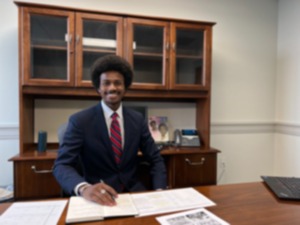 <strong>Justin Pearson smiles in his legislative office on Jan. 31, 2023. The House voted to expel Pearson&nbsp;on Thursday, April 6, 2023.&nbsp;</strong>(Ian Round/The Daily Memphian)