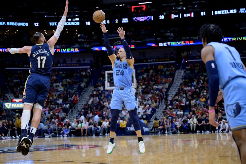 <strong>Memphis Grizzlies forward Dillon Brooks (24) shoots against New Orleans Pelicans center Jonas Valanciunas (17) in New Orleans, Wednesday, April 5, 2023.</strong> (Matthew Hinton/AP)