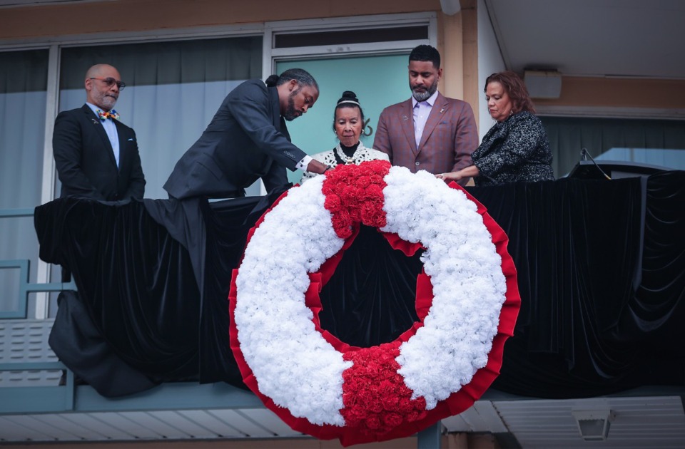 <strong>Keynote speaker Otis Moss III watches as a wreath is placed at the site of Dr. Martin Luther King, Jr assassination at the National Civil Rights Museum on April 4, 2023.</strong> (Patrick Lantrip/The Daily Memphian)