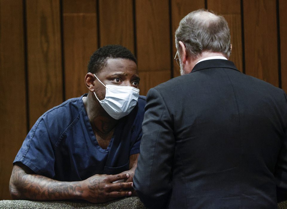 <strong>Johnny Sanford (left) appears for a bail hearing with attorney Mike Scholl (right) on Wednesday, April 5, 2023 in Judge Christian Johnson&rsquo;s courtroom.</strong> (Mark Weber/The Daily Memphian)